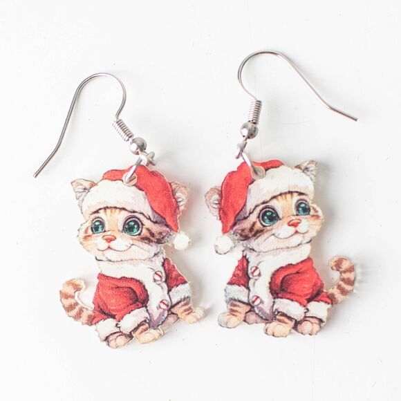 Unbranded Jewelry - Cute Vintage Christmas Santa Kitten Acrylic Dangle Earrings Holiday Cat Jewelry